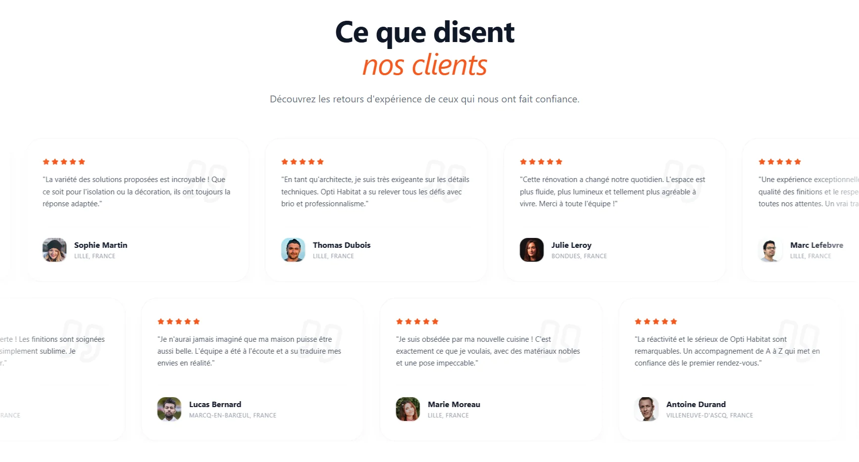 Avis clients Google et Trustpilot affichés sur le site d'une entreprise de travaux