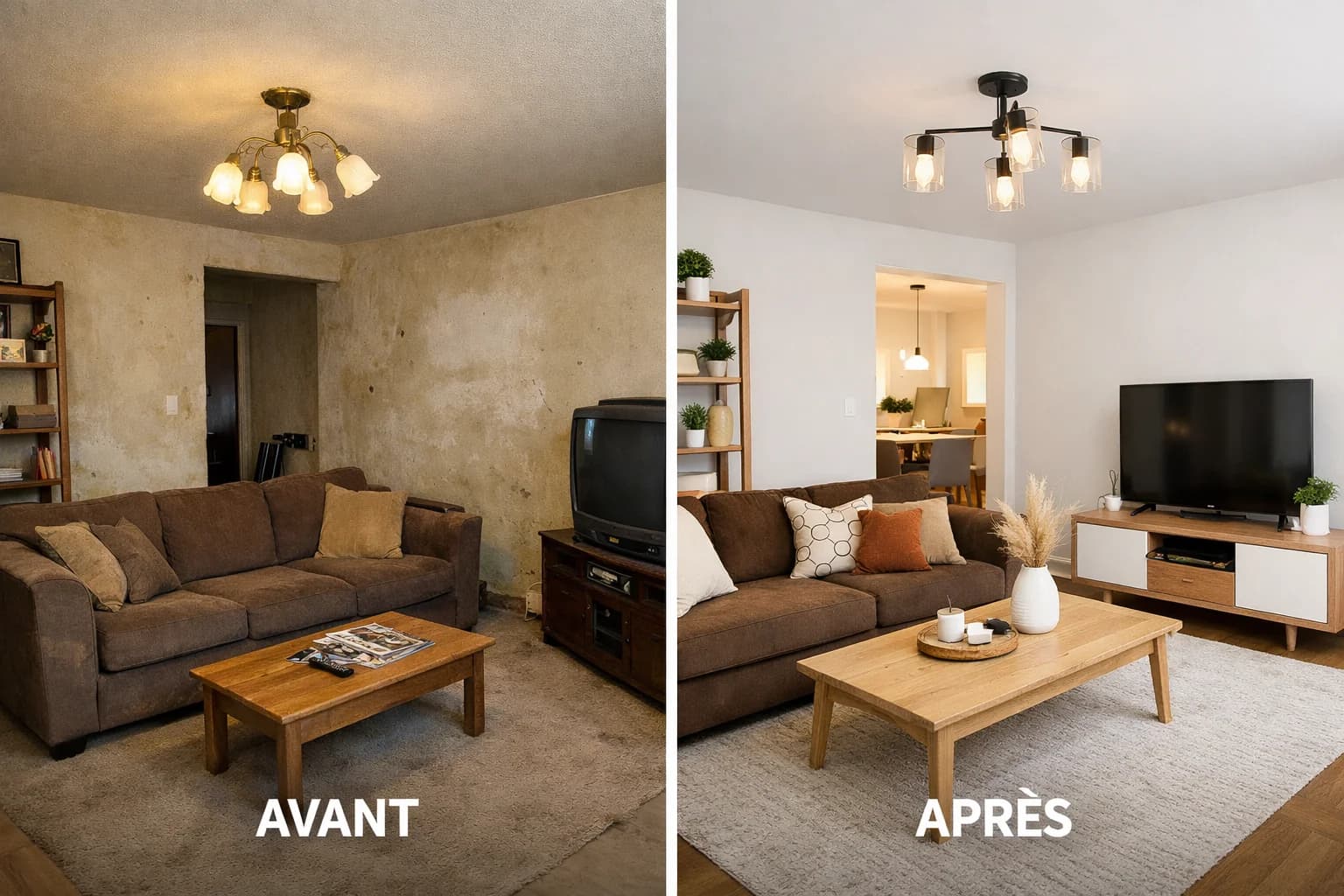 Comparaison avant et après une rénovation de peinture intérieure réalisée par un peintre professionnel