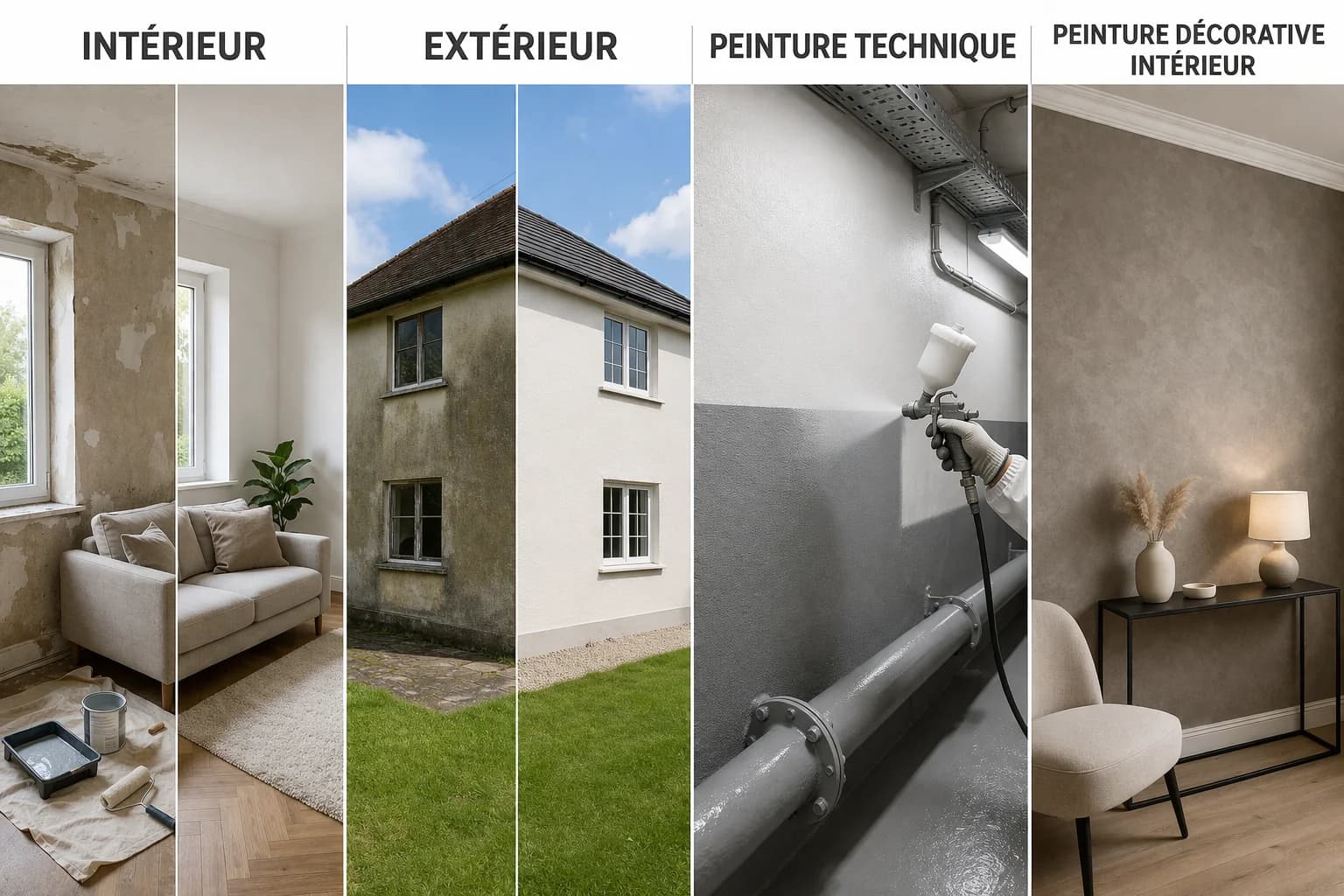 Galerie de réalisations d'un peintre professionnel présentant des photos avant et après de chantiers de peinture intérieure