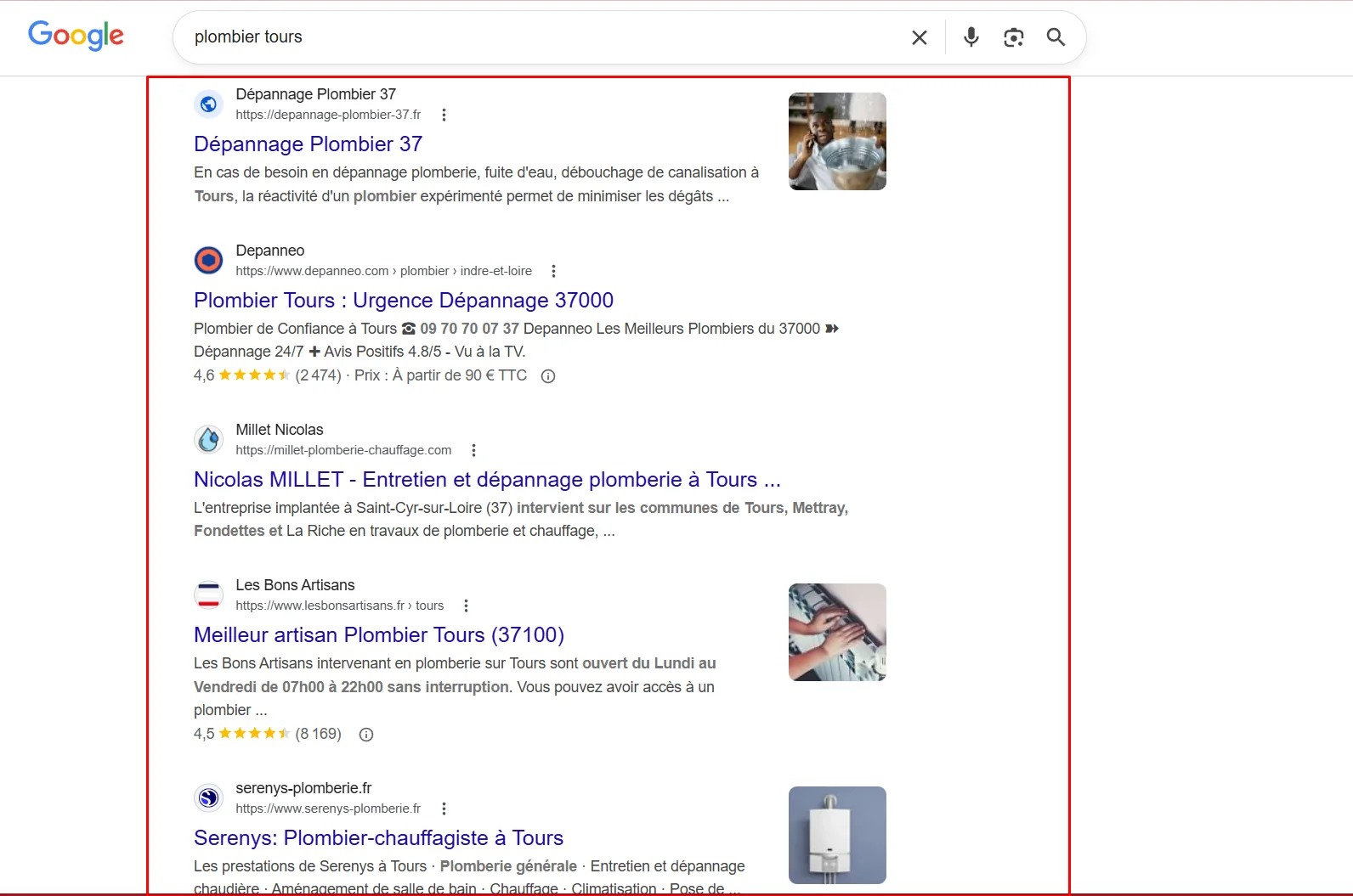 Résultats Google Maps pour une recherche de plombier dans une ville française avec fiches Google Business Profile