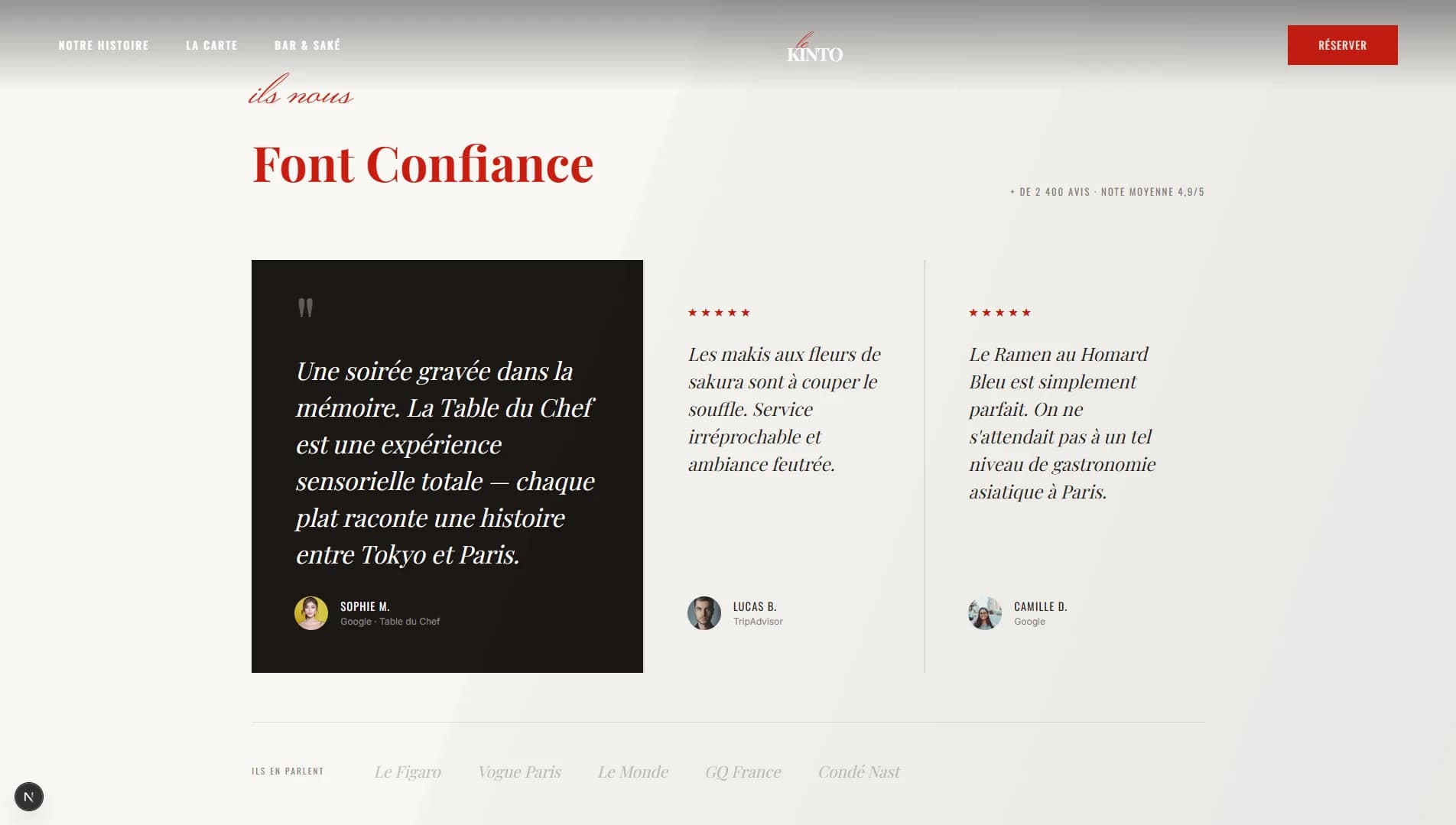 Avis clients sur un site restaurant