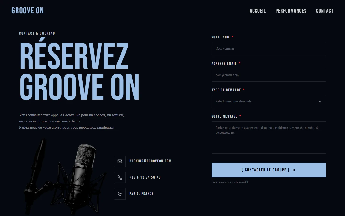 Formulaire de contact et booking du groupe Groove On