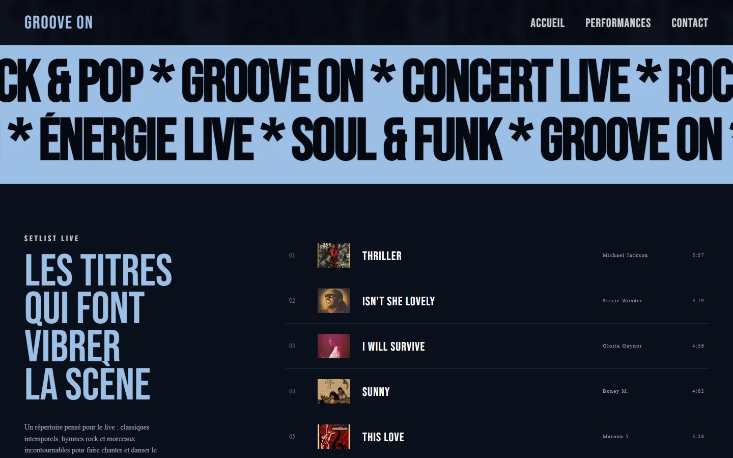 Setlist live du groupe Groove On avec titres, artistes et pochettes