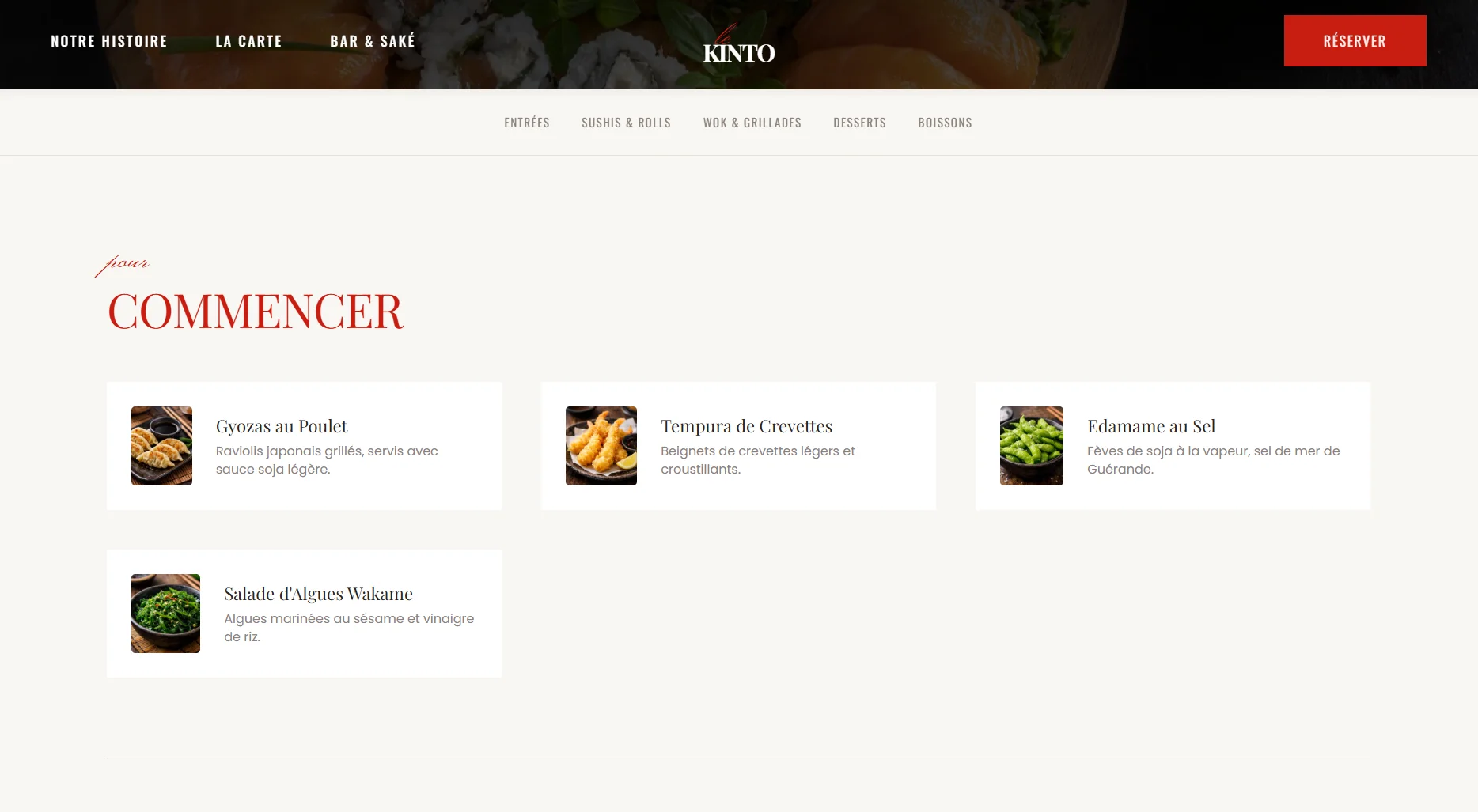 Page carte en ligne du restaurant Le Kinto avec plats organisés par catégories
