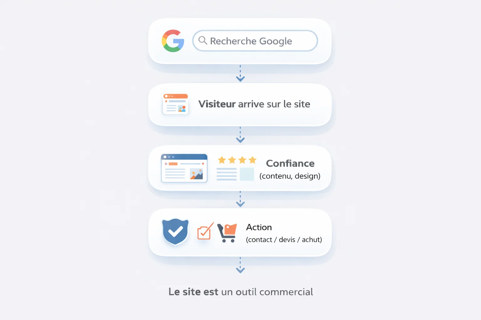 Workflow d'acquisition client via un site internet professionnel avec les étapes de découverte, conviction et conversion