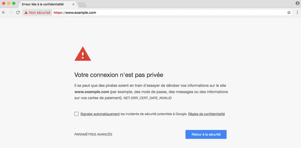 Message Non sécurisé affiché dans la barre d'adresse d'un navigateur Chrome pour un site sans certificat SSL valide